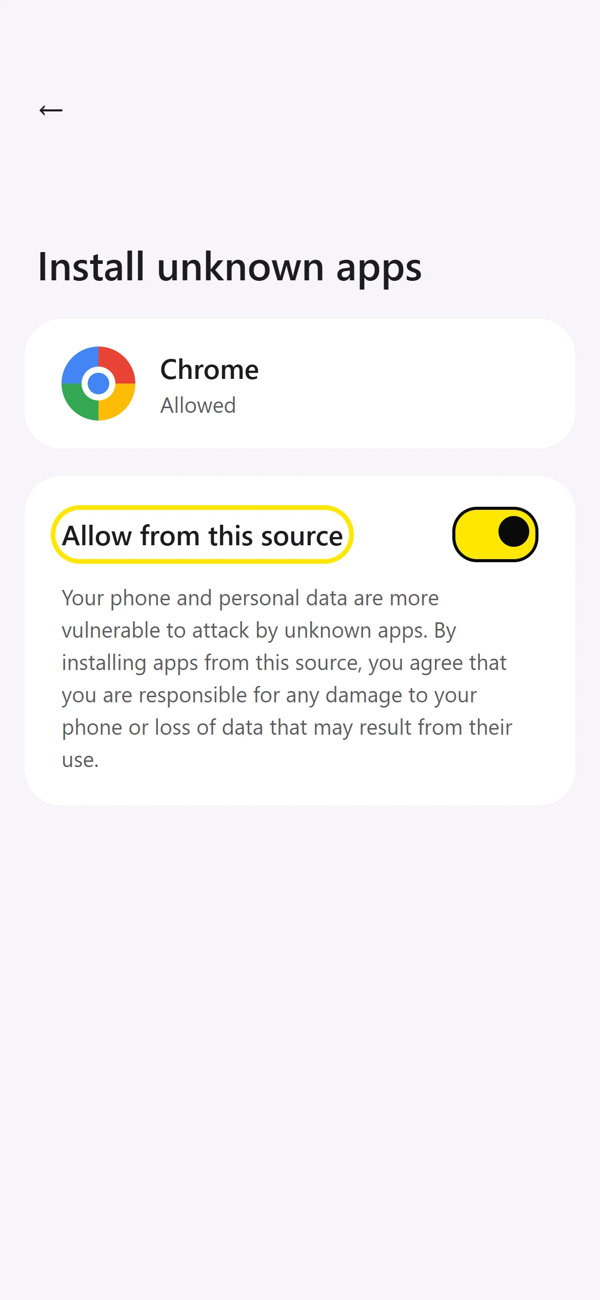 Android Install unknown apps screen with Allow from this source switched on