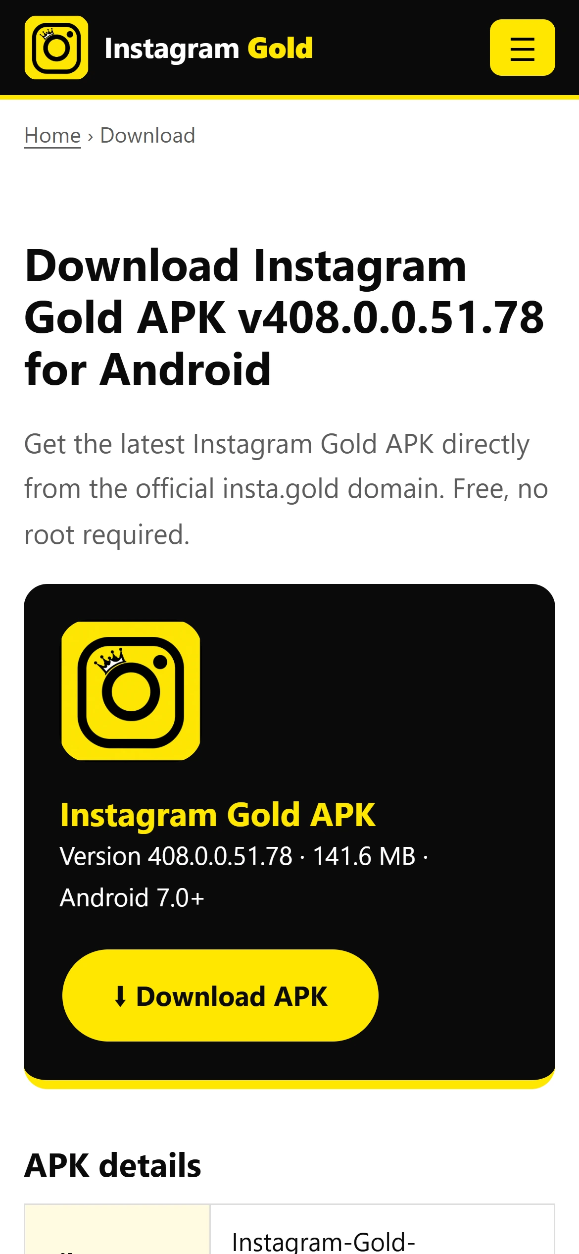 Instagram Gold APK download page on mobile showing version, file size and Download APK button