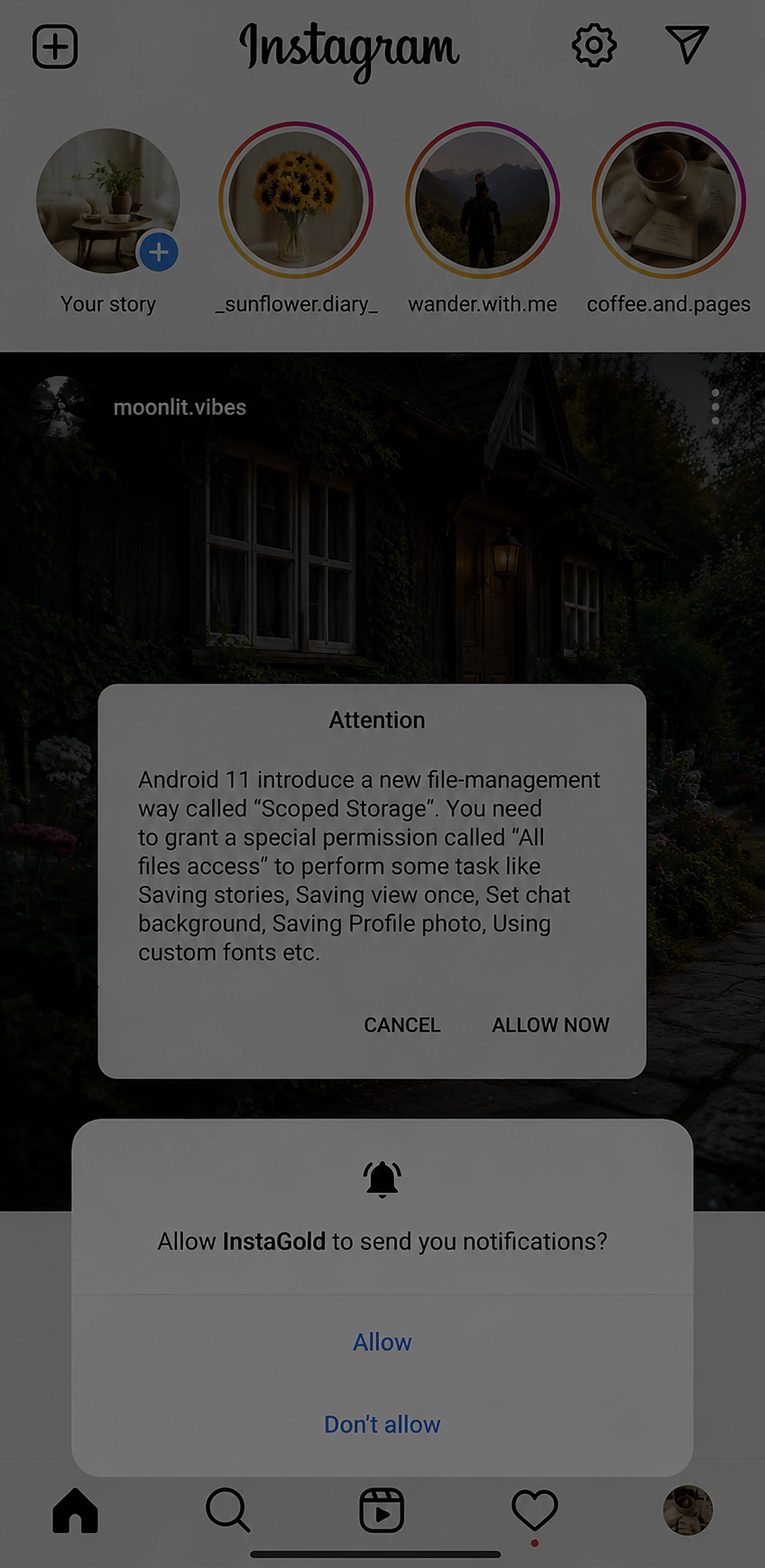 Instagram Gold APK asking permission to send notifications and storage access