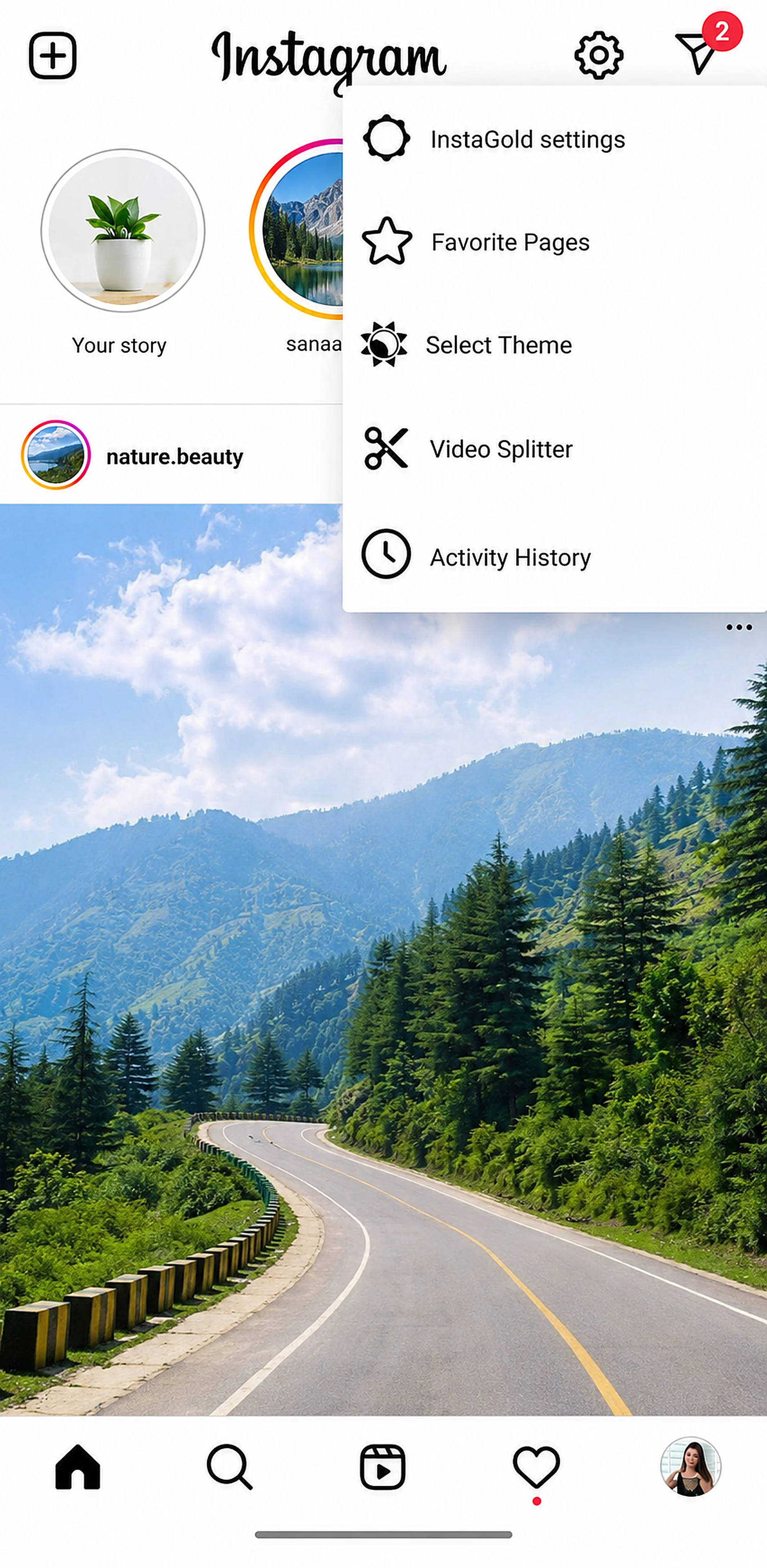 Instagram Gold APK menu used to download reels, stories and photos